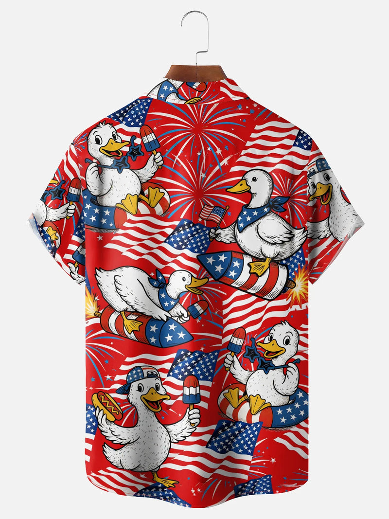 Funny Duck 4th of July Hawaiian Shirt for Men, American Flag Fireworks Patriotic Print, BBQ Party Gift