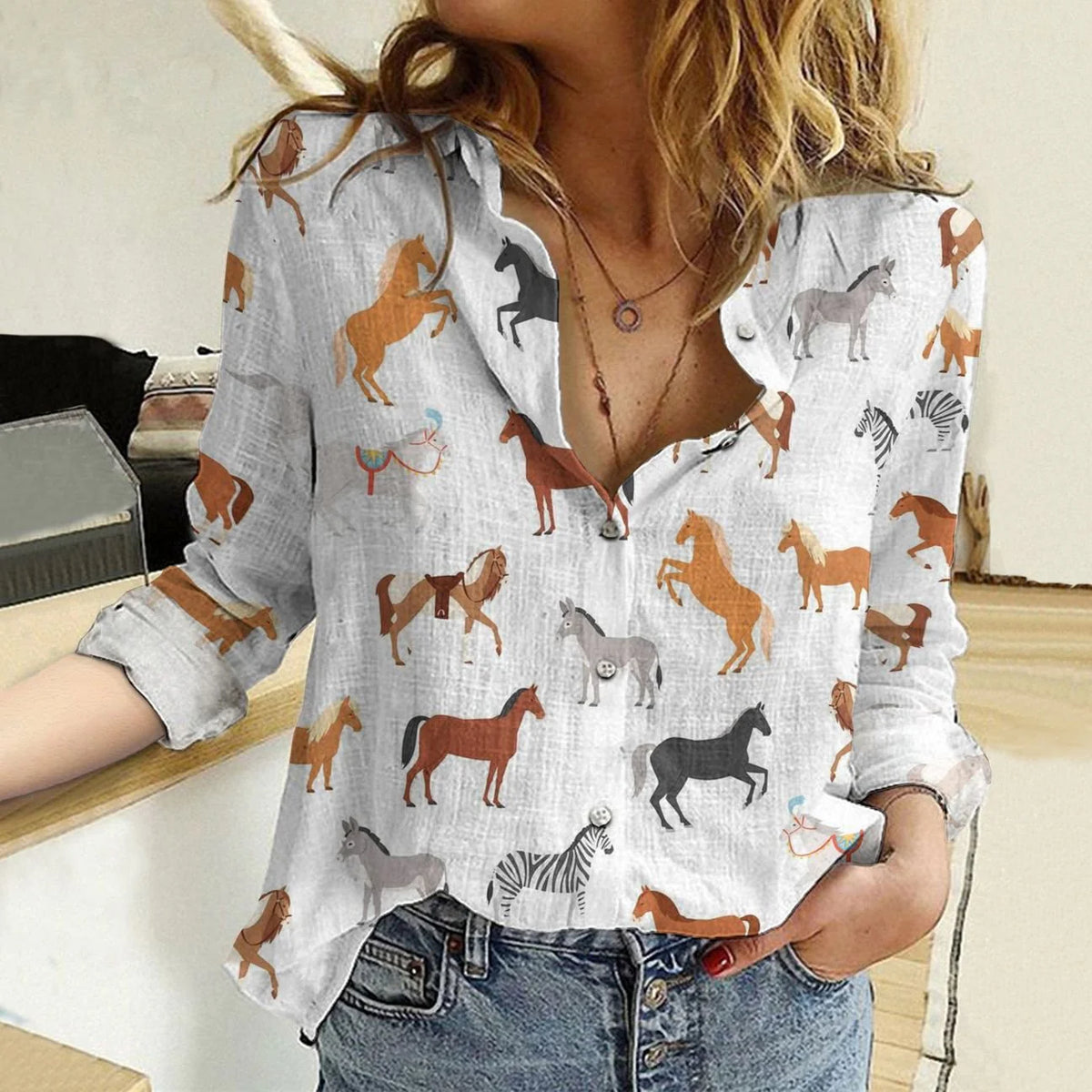 Women's Casual Shirt Horse Print Button Up – Long Sleeve White Blouse