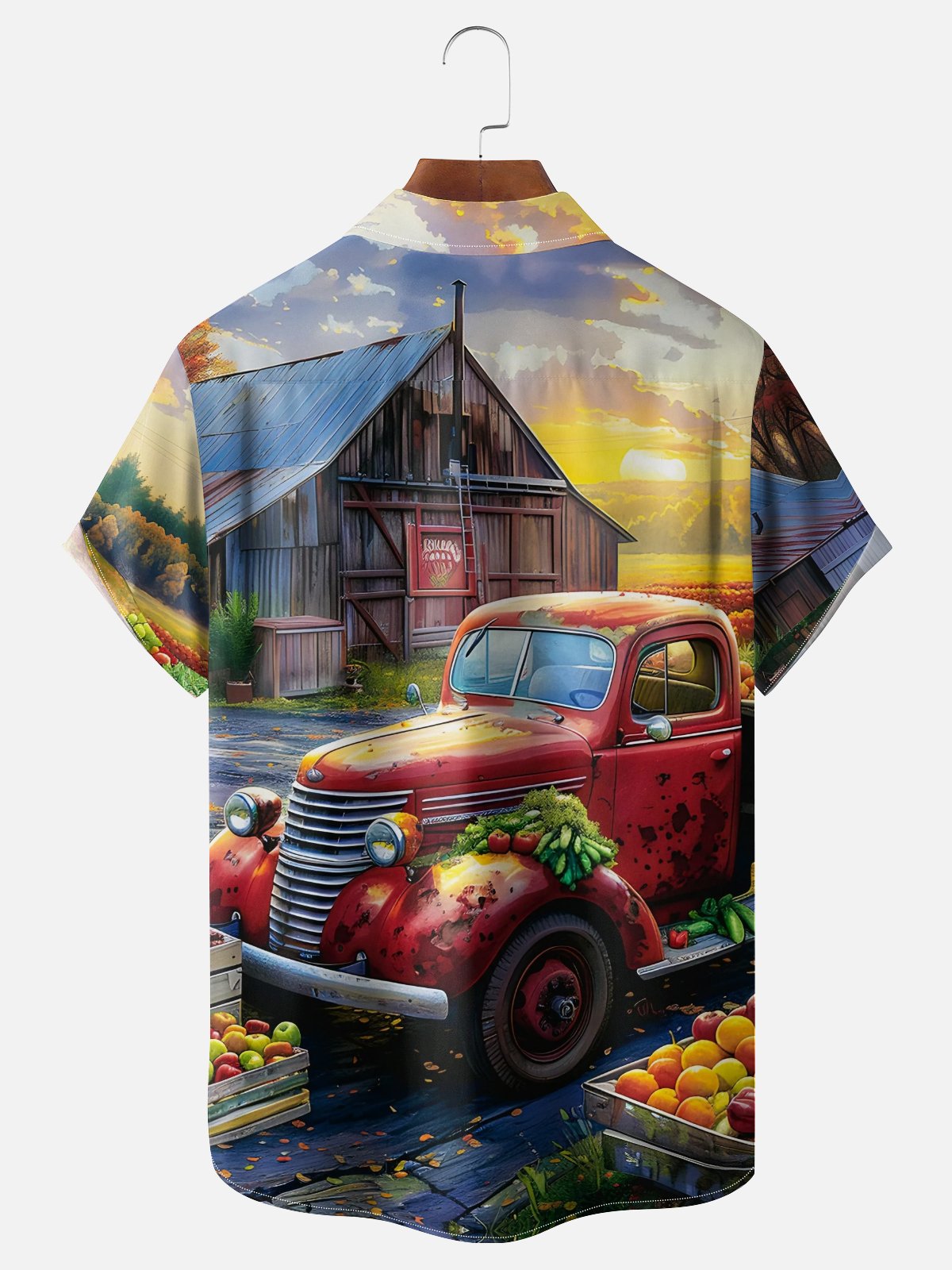 Thanks Giving Car Farm Vegetables Fruits Chest Pocket Casual Hawaiian Shirt