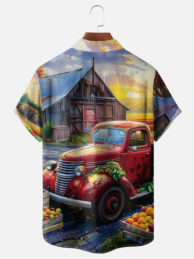 Thanks Giving Car Farm Vegetables Fruits Chest Pocket Casual Hawaiian Shirt