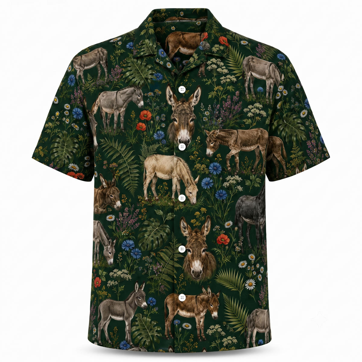 Donkey Hawaiian Shirt — British Countryside Wildflower Print Button-Up Shirt for Donkey Lovers