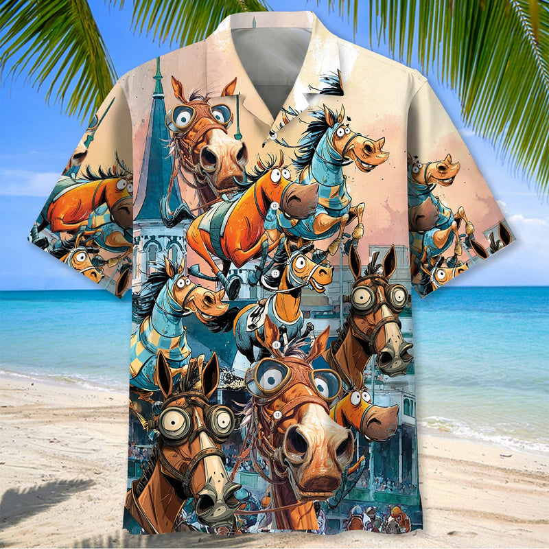 Funny Kentucky Derby Hawaiian Shirt for Men – Crazy Horse Racing Aloha Button Down Shirt, Derby Day Party Outfit, Horse Lover Gift