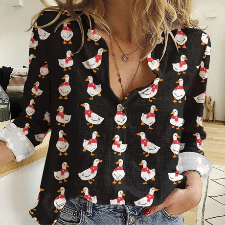 Women's Casual Shirt Duck Print Button Up – Long Sleeve Black Blouse