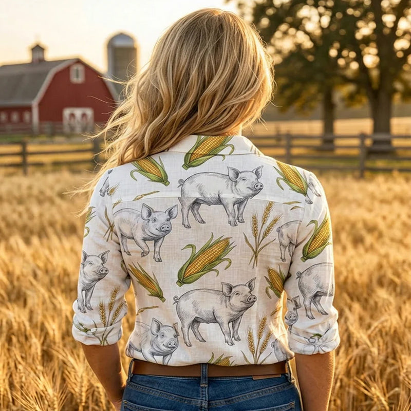 Country Farm Life Women’s Shirt – Pig & Corn Pattern Linen-Look Blouse