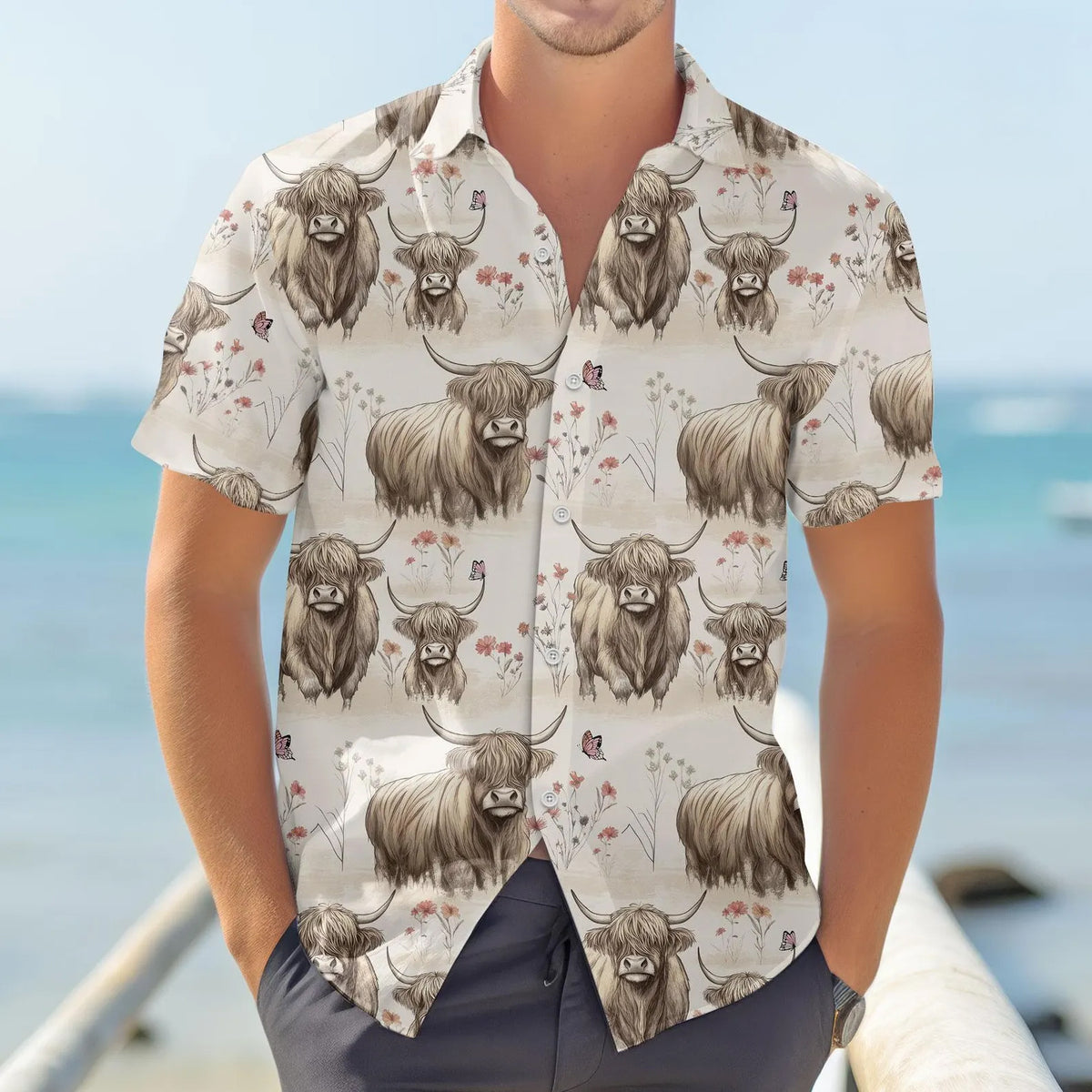 Highland Cow Hawaiian Shirt – Vintage Sketch Floral Butterfly Highland Cow Aloha | Highland Cow Lover Gift