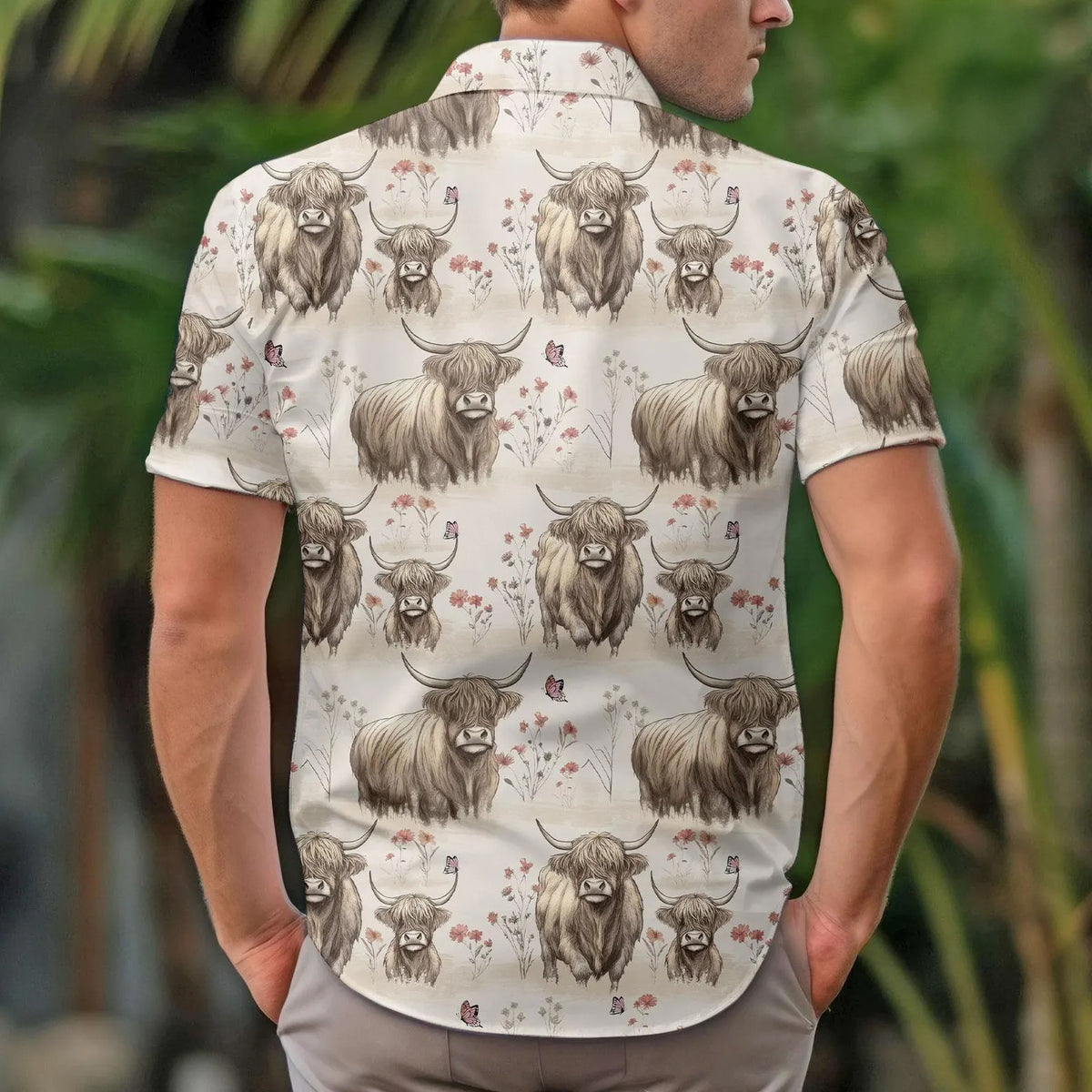 Highland Cow Hawaiian Shirt – Vintage Sketch Floral Butterfly Highland Cow Aloha | Highland Cow Lover Gift