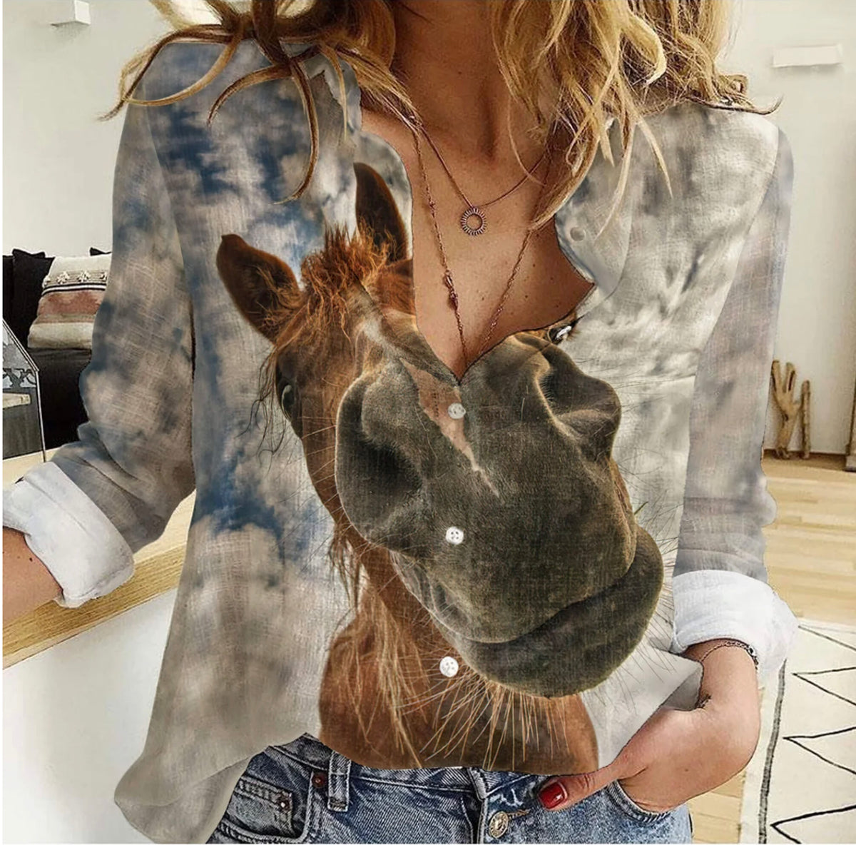 Women's Funny Horse Face Print Button Down Shirt | Realistic Horse Sky Photo Print Long Sleeve Casual Shirt