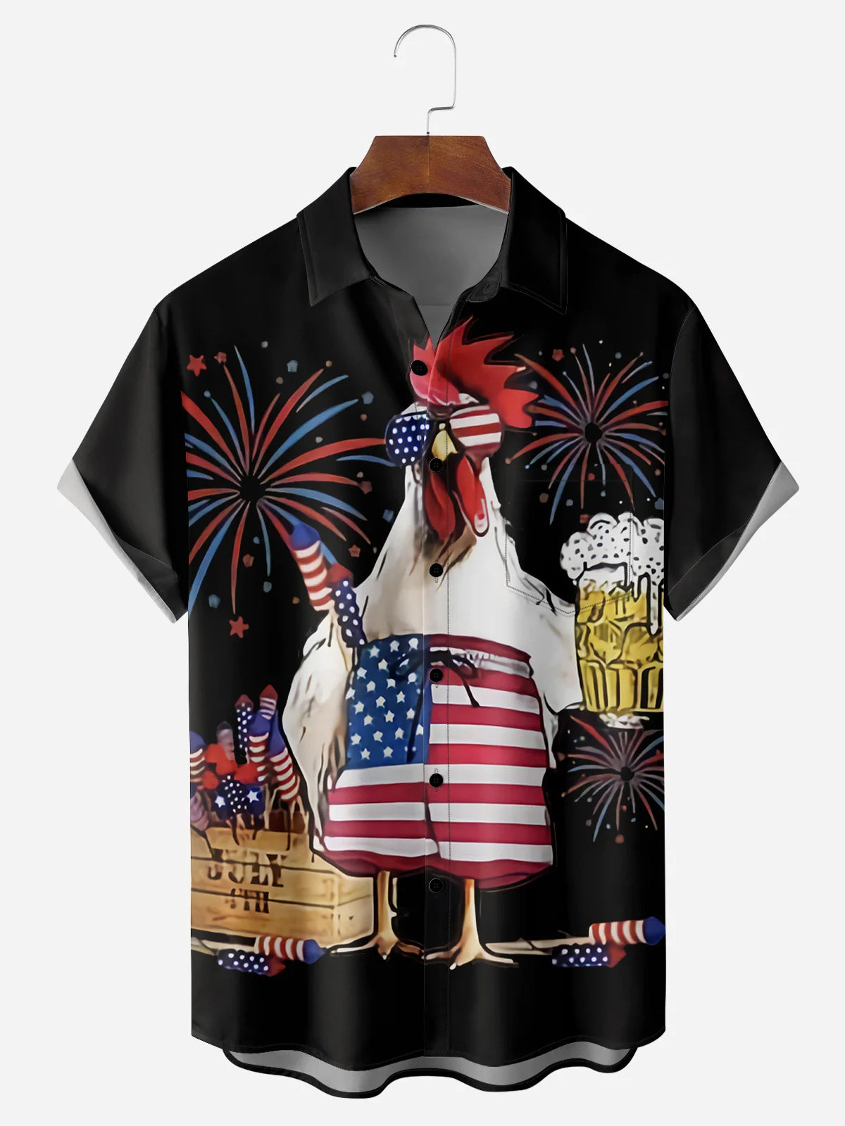 Men's Hawaiian Shirt - Patriotic Rooster American Flag Firework Beer Print Short Sleeve Button Up 4th of July Top for Dad Gift