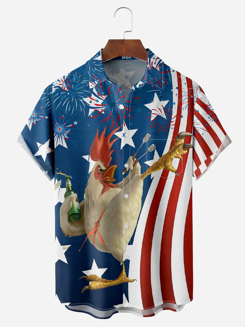Men's Hawaiian Shirt - Funny Rooster American Flag Firework Beer Print Short Sleeve Button Up 4th of July BBQ Top for Dad Gift