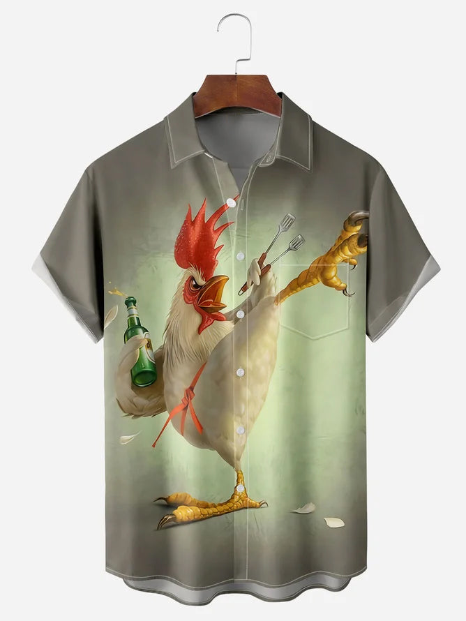 Men's Hawaiian Shirt - Funny Rooster Beer BBQ Print Short Sleeve Button Up Casual Summer Top for Dad Chicken Lover Father Day Gift