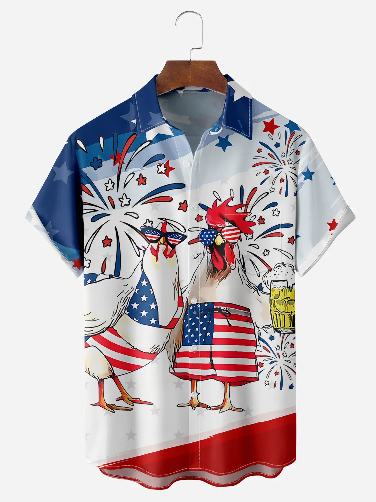 Men's Hawaiian Shirt - Patriotic Rooster Duo Sunglasses Beer Print Short Sleeve Button Up 4th of July BBQ Top for Dad Gift
