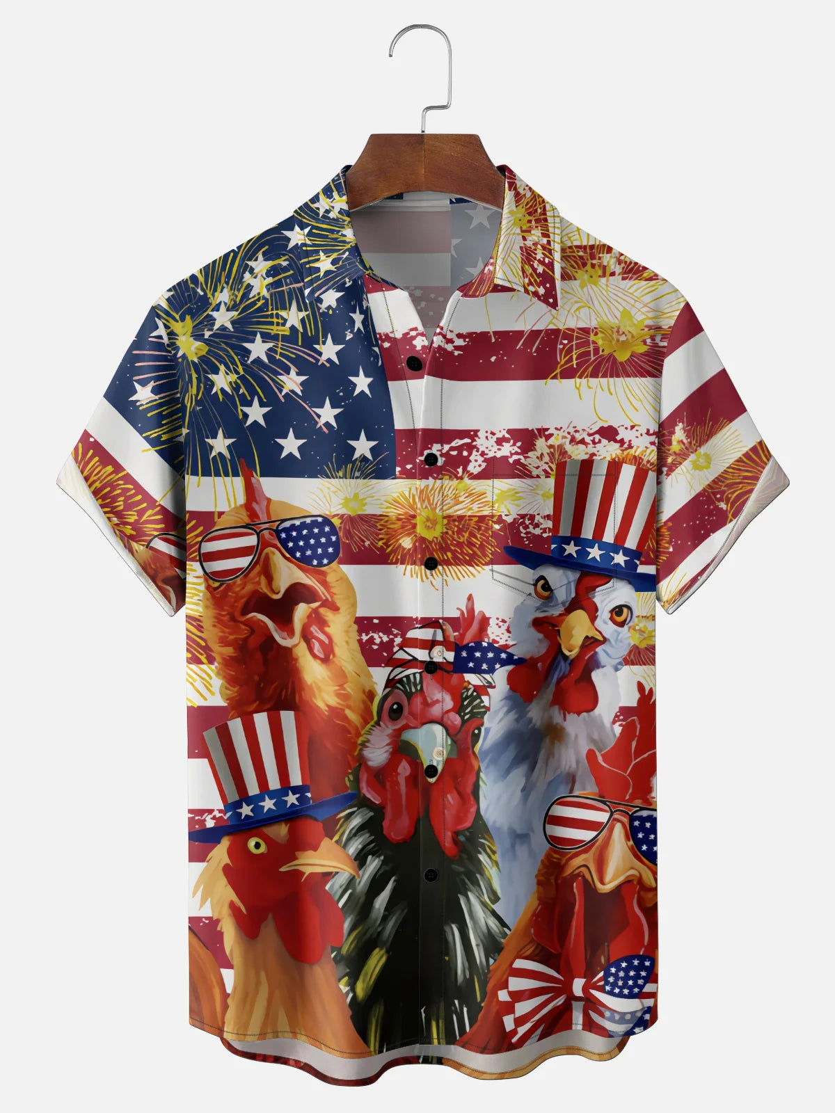Patriotic Chicken Hawaiian Shirt for Men, 4th of July American Flag Rooster Print, Gift for Chicken Lovers