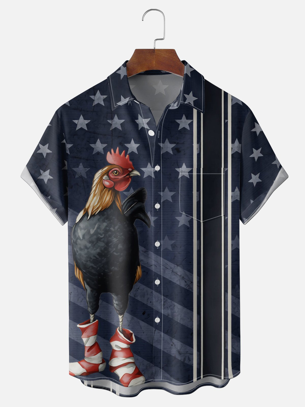 Vintage Rooster American Flag Hawaiian Shirt for Men, Patriotic Chicken Print Bowling Shirt, Gift for Farmers