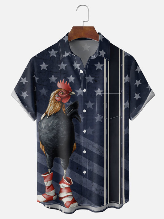 Vintage Rooster American Flag Hawaiian Shirt for Men, Patriotic Chicken Print Bowling Shirt, Gift for Farmers