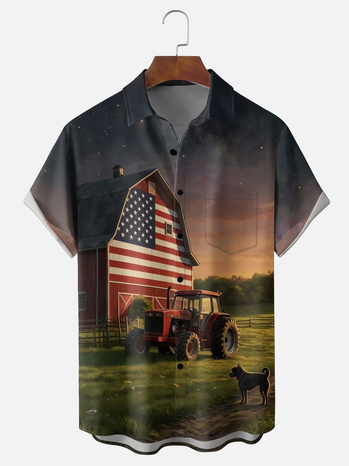 American Farm Hawaiian Shirt for Men, Red Barn Tractor Dog Print Button Down, Patriotic Gift for Farmers