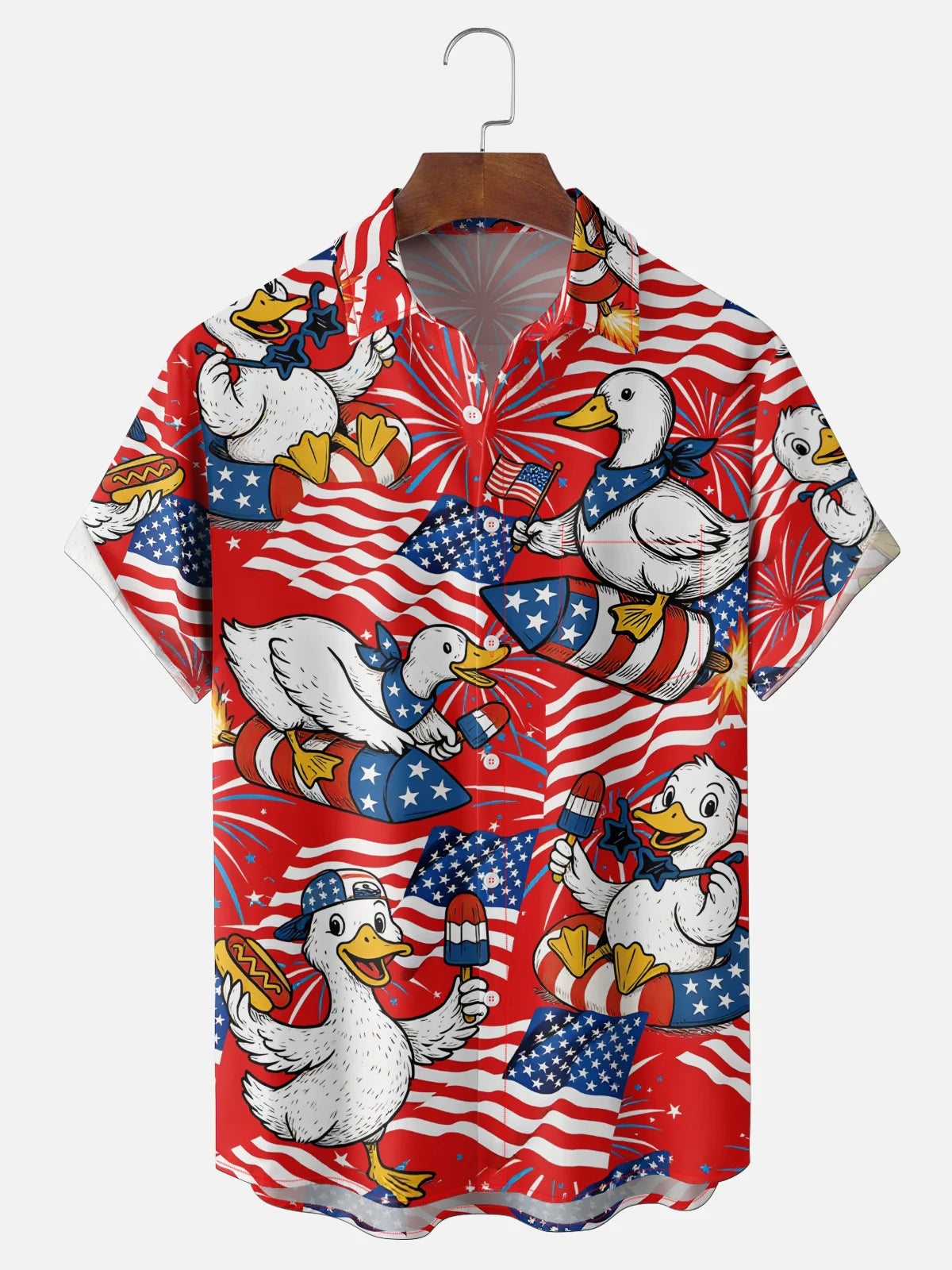 Funny Duck 4th of July Hawaiian Shirt for Men, American Flag Fireworks Patriotic Print, BBQ Party Gift