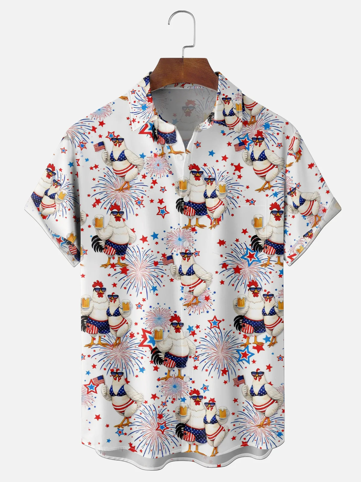 Funny Chicken Beer 4th of July Hawaiian Shirt for Men, Patriotic Rooster American Flag Print, BBQ Party Gift