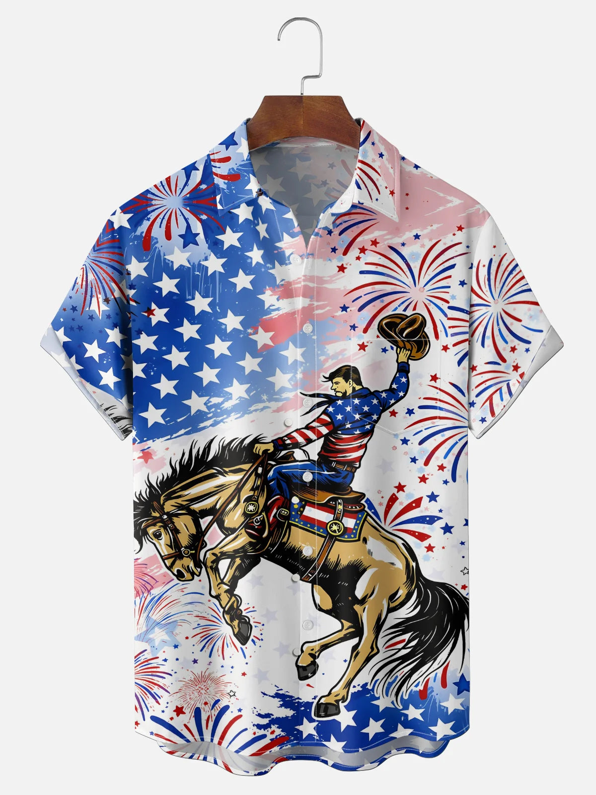 Patriotic Cowboy Hawaiian Shirt for Men, 4th of July American Flag Rodeo Horse Print, Western Gift