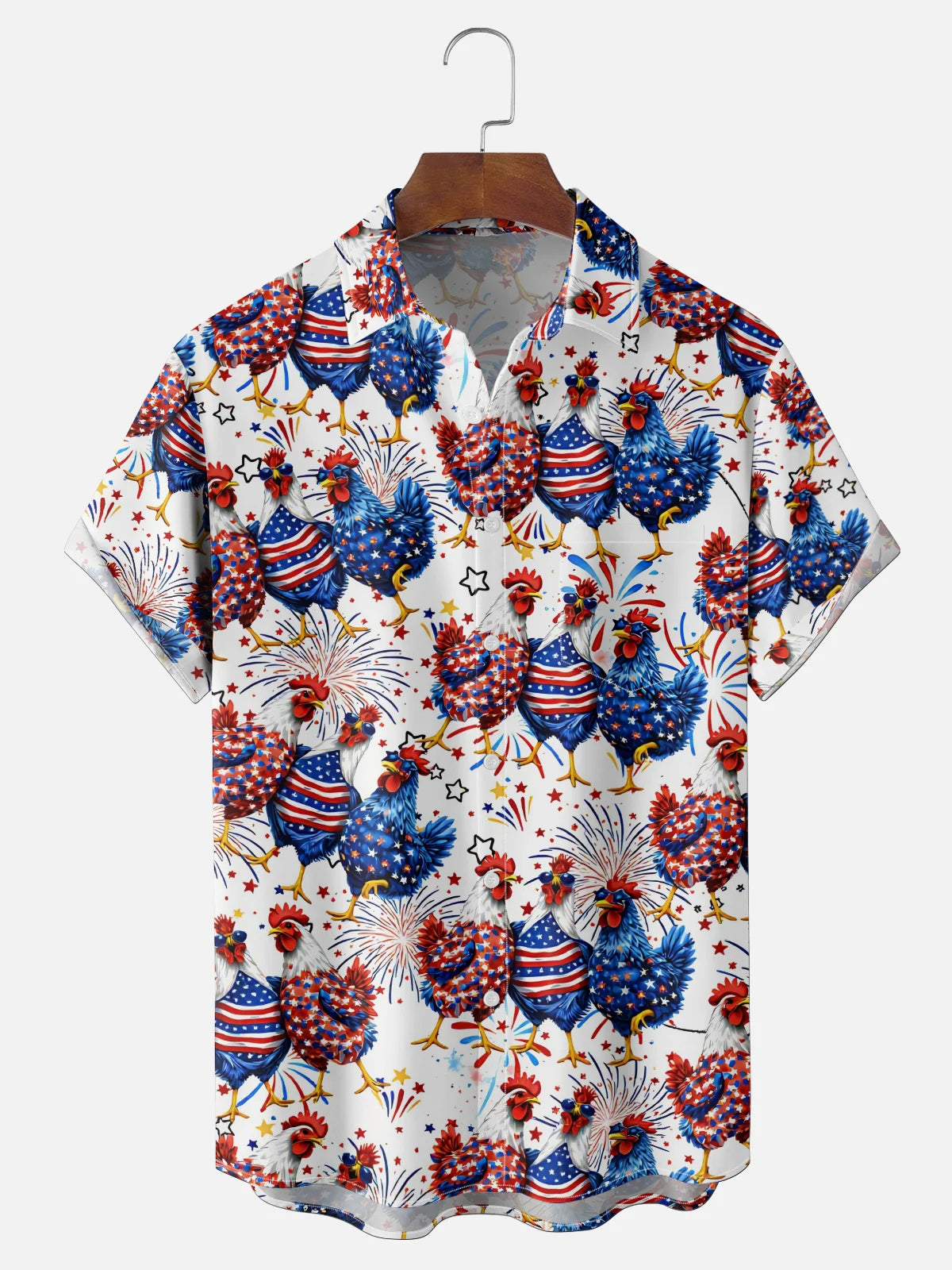 Patriotic Rooster Hawaiian Shirt for Men, 4th of July American Flag Chicken Print, Fireworks Gift
