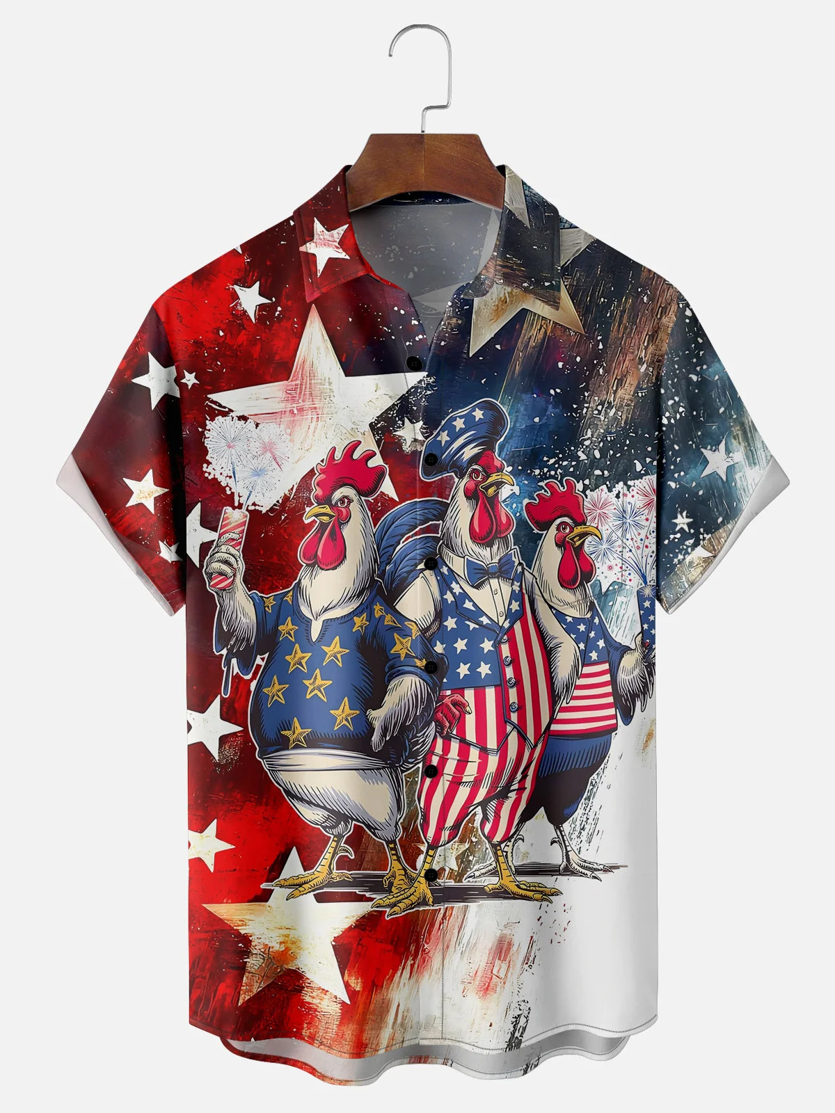 Vintage Painted Rooster Hawaiian Shirt for Men, 4th of July Patriotic Chicken Art Print, Americana Gift