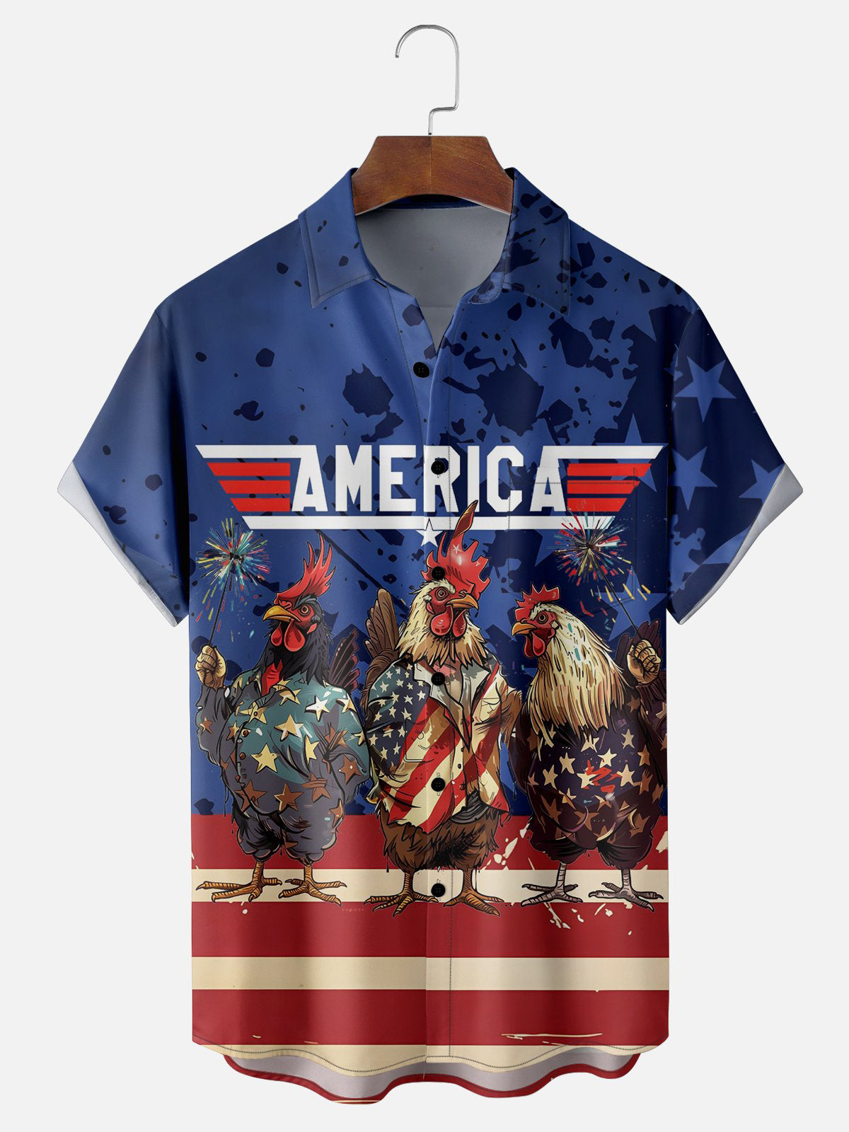 America Rooster Hawaiian Shirt for Men, 4th of July Patriotic Chicken Art Print, Top Gun Style Gift