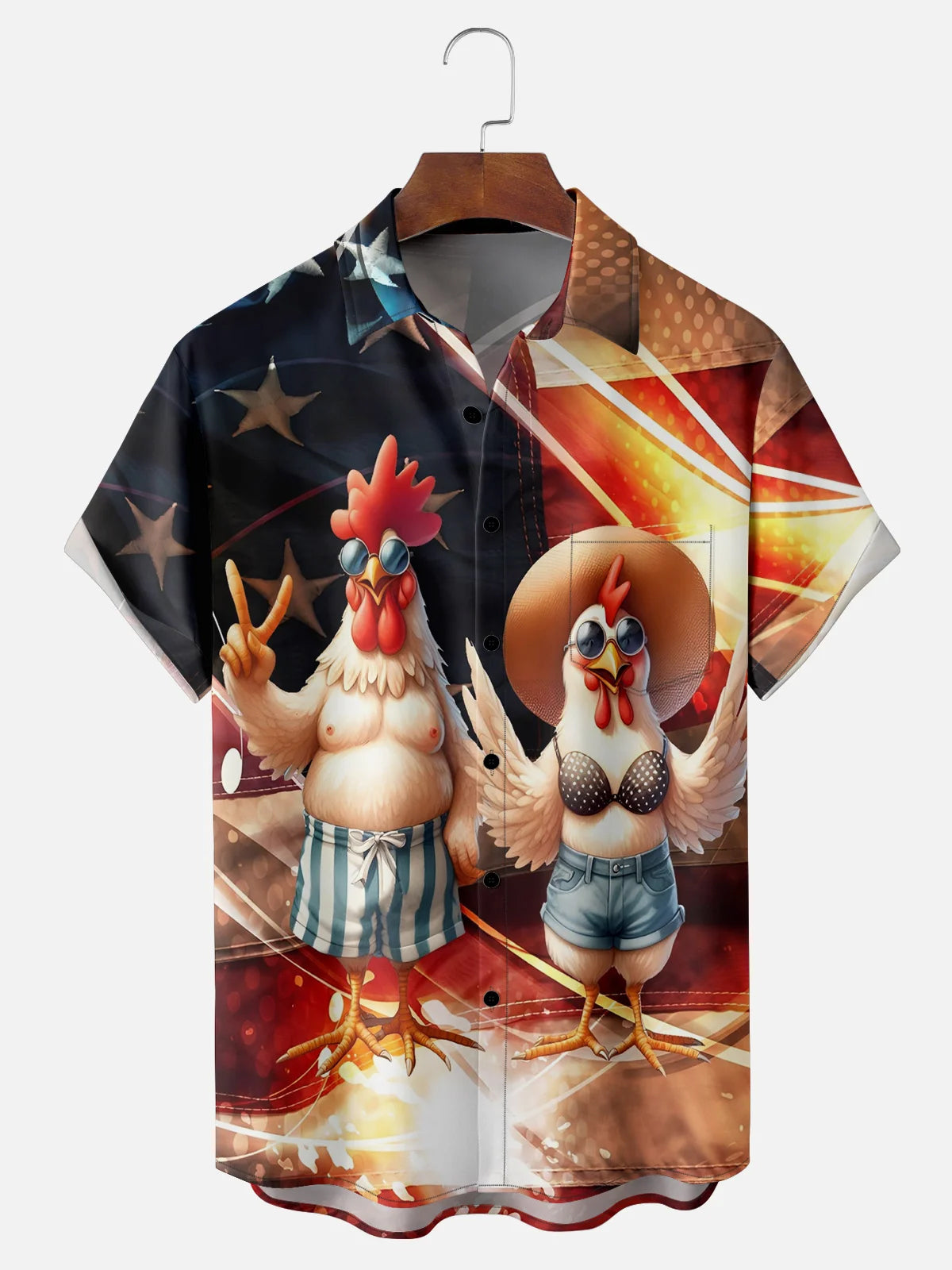America Rooster Hawaiian Shirt for Men, 4th of July Patriotic Chicken Art Print, Top Gun Style Gift