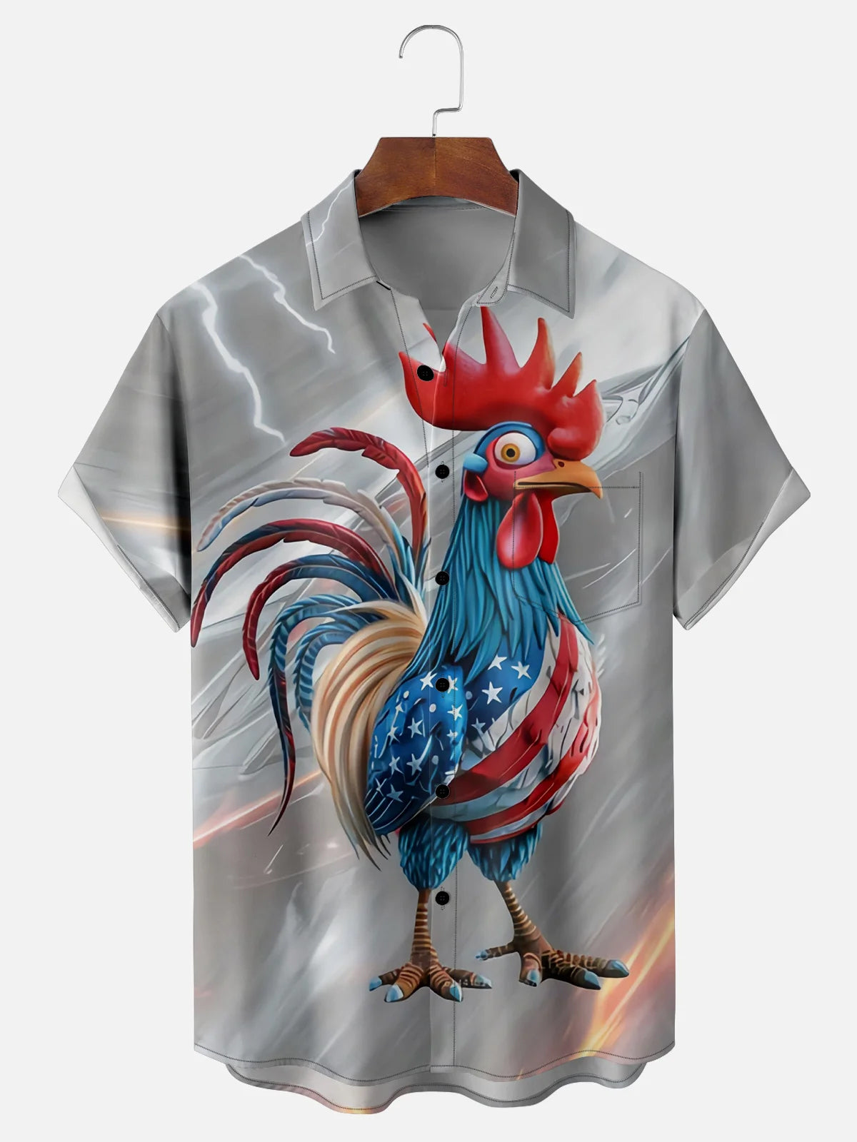Patriotic Rooster Hawaiian Shirt for Men, 4th of July American Flag Chicken Lightning Print, Storm Gift