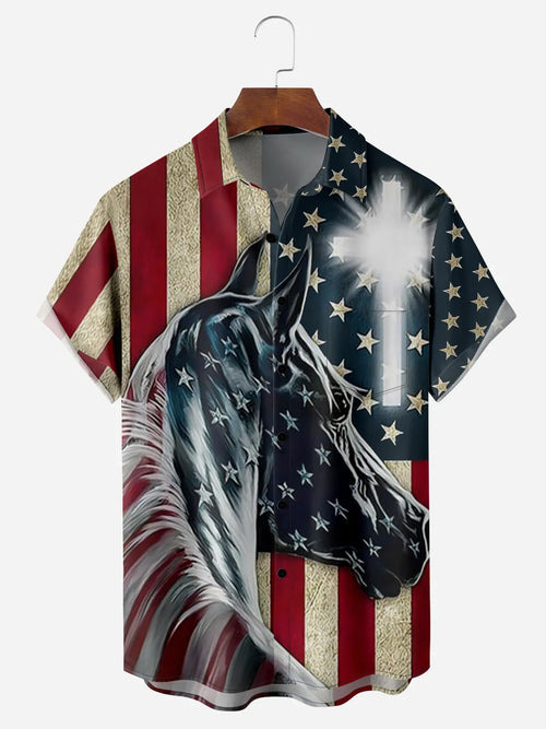 Christian Horse Hawaiian Shirt for Men, American Flag Cross Print, Faith Family Freedom Patriotic Gift