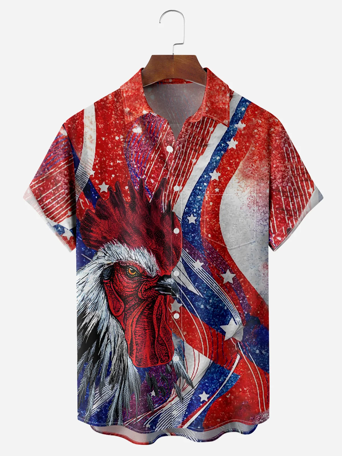 Tattoo Style Rooster Hawaiian Shirt for Men, 4th of July American Flag Sketch Print, Patriotic Gift