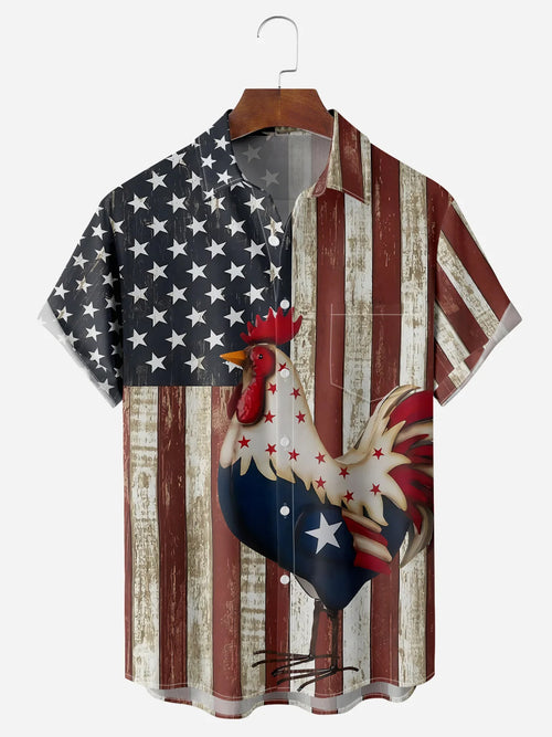 Rustic Rooster Hawaiian Shirt for Men, American Flag Barn Wood Print, 4th of July Farmhouse Country Gift