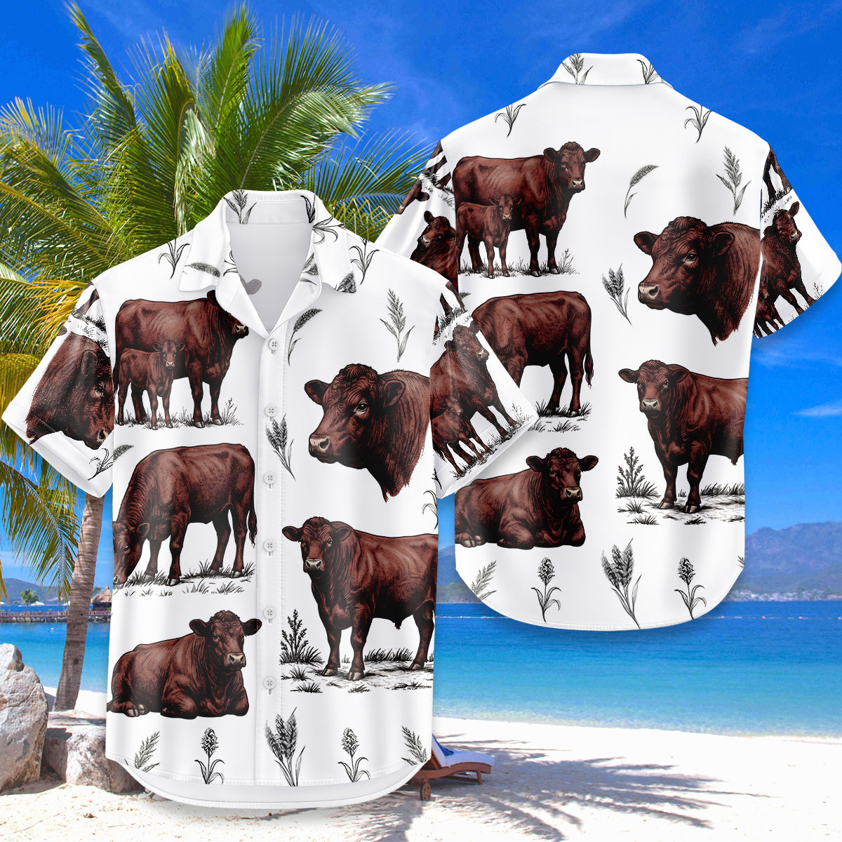Red Angus Cattle Hawaiian Shirt for Men - Vintage Farm Rancher Beach Aloha Shirt Gift