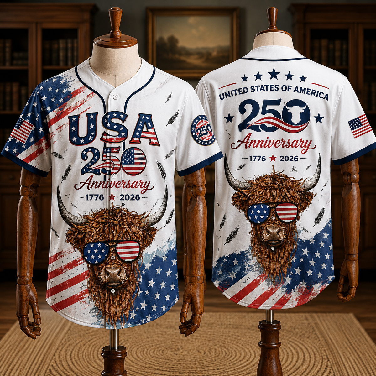 USA 250 Anniversary Highland Cow Baseball Jersey 2026 - Patriotic 4th of July Shirt - 1776-2026 Limited Edition