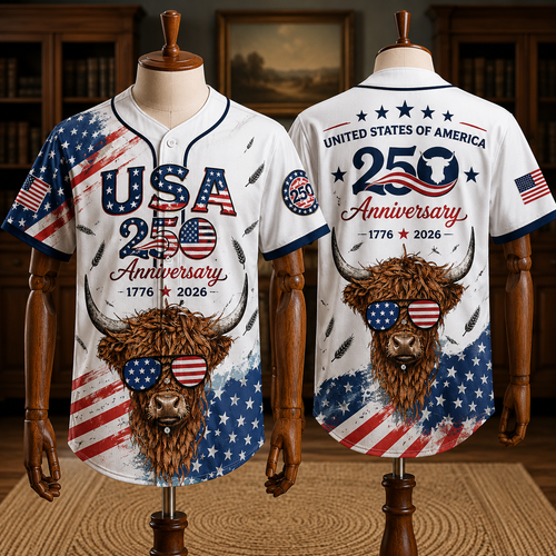 USA 250 Anniversary Highland Cow Baseball Jersey 2026 - Patriotic 4th of July Shirt - 1776-2026 Limited Edition