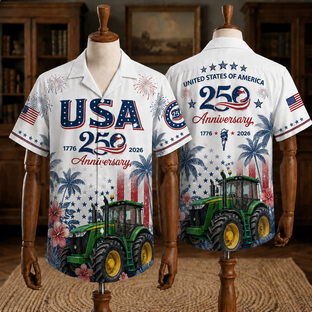 Farmer Hawaiian Shirt, USA 250th Anniversary 1776-2026 Tractor Shirt, 4th of July Patriotic Aloha Shirt, Independence Day Gift for Farmer Dad