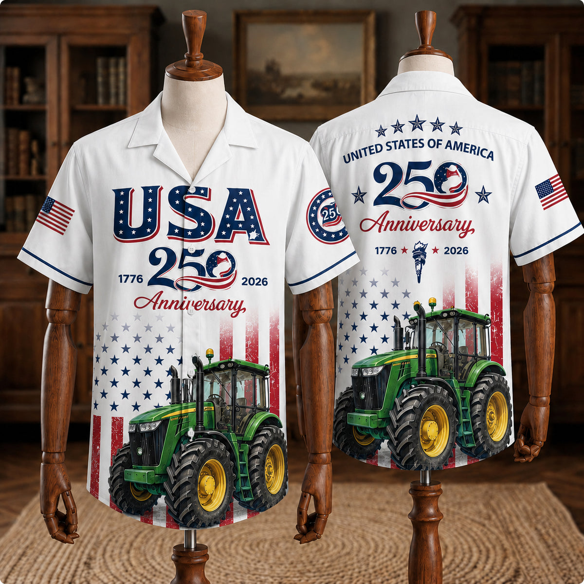 Patriotic Farmer Hawaiian Shirt, Tractor USA 250 Years Anniversary 1776-2026, 4th of July Aloha Shirt, Independence Day Gift for Dad Grandpa Farmer