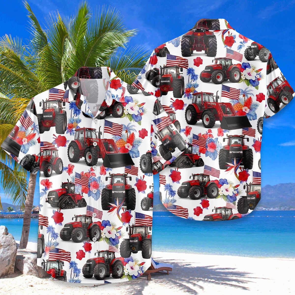 Red Tractor Hawaiian Shirt, Farmer Aloha Shirt, 4th of July Patriotic Tropical Shirt, USA Flag Tractor Summer Shirt, Gift for Farmer Dad Grandpa Husband, Farming Lover Beach Shirt