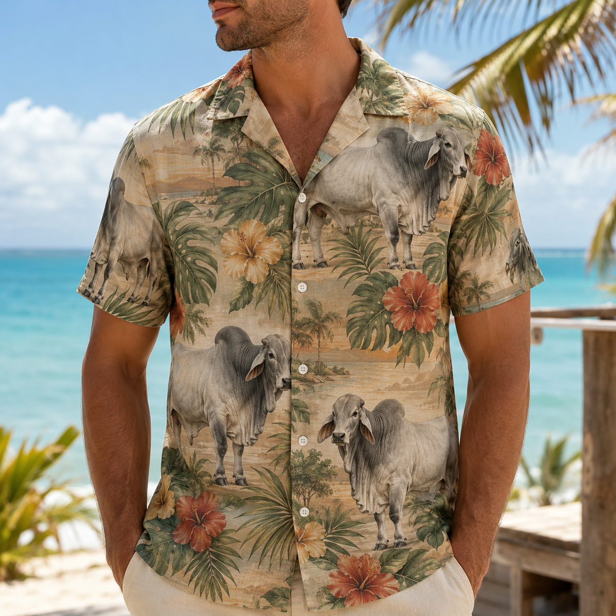 Brahman Cattle Hawaiian Shirt for Men, Vintage Tropical Floral Aloha Button-Up Summer Beach Shirt, Cattle Rancher Gift