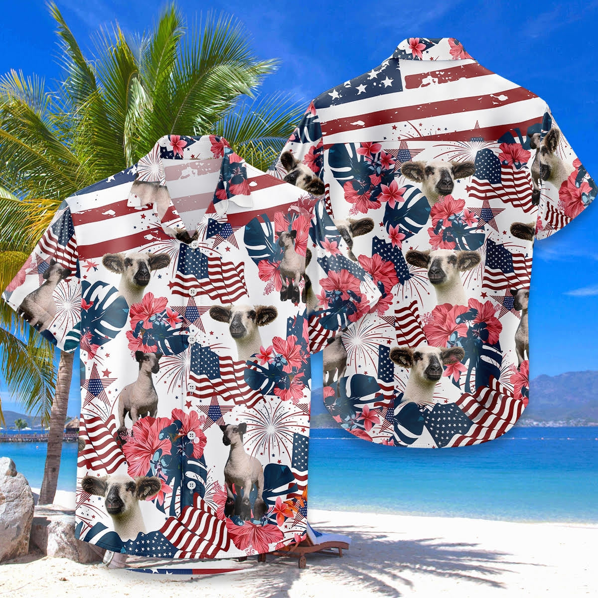 Sheep American Flag Hawaiian Shirt — Patriotic 4th of July Button-Up Shirt for Sheep Lovers & Farmers