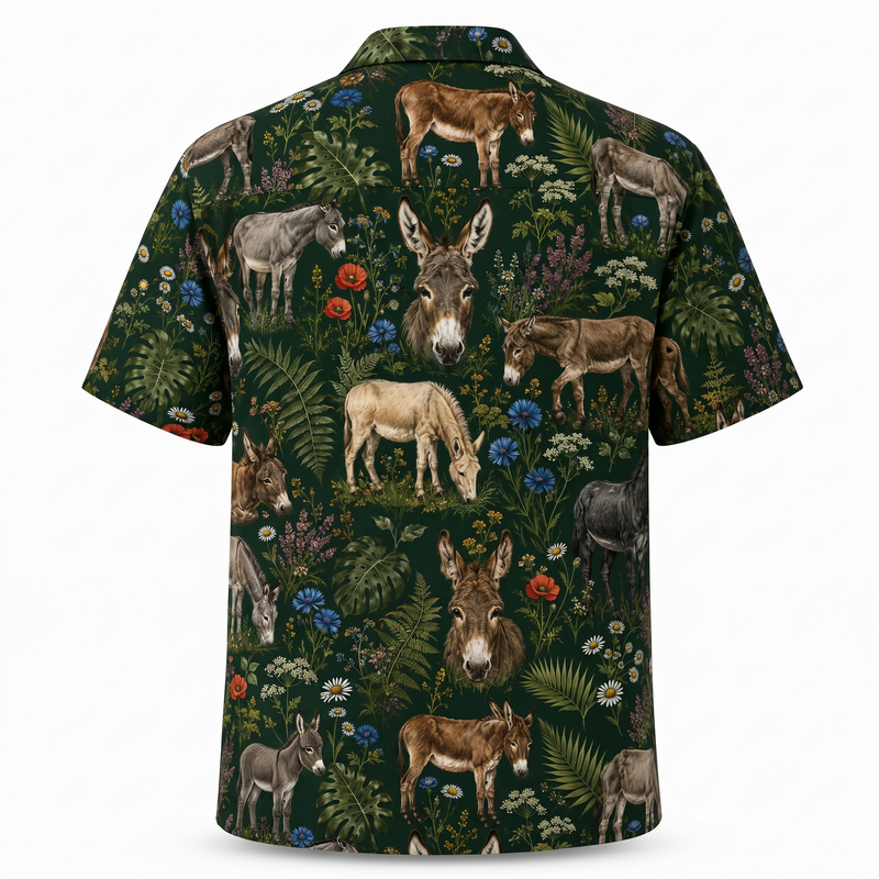 Donkey Hawaiian Shirt — British Countryside Wildflower Print Button-Up Shirt for Donkey Lovers