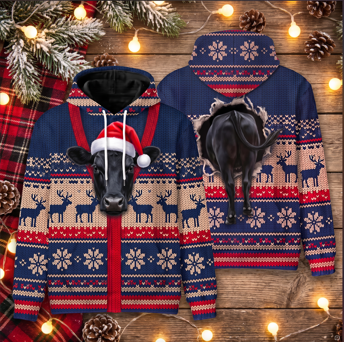 Black Angus Christmas Hoodie | Funny Santa Cow Faux-Knit Print Hoodie | Farm Animal Christmas Gift