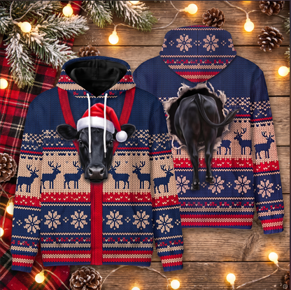 Black Angus Christmas Hoodie | Funny Santa Cow Faux-Knit Print Hoodie | Farm Animal Christmas Gift