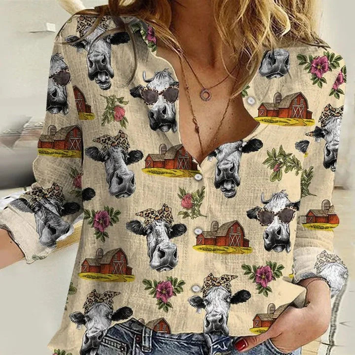 Funny Cow Women Casual Shirt — Sassy Holstein Leopard Bandana Button  Down Shirt For Cow Lovers