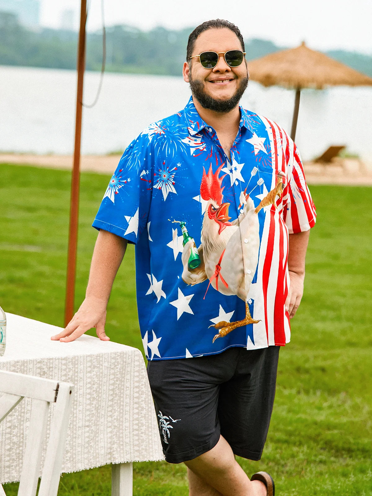 Men's Hawaiian Shirt - Funny Rooster American Flag Firework Beer Print Short Sleeve Button Up 4th of July BBQ Top for Dad Gift