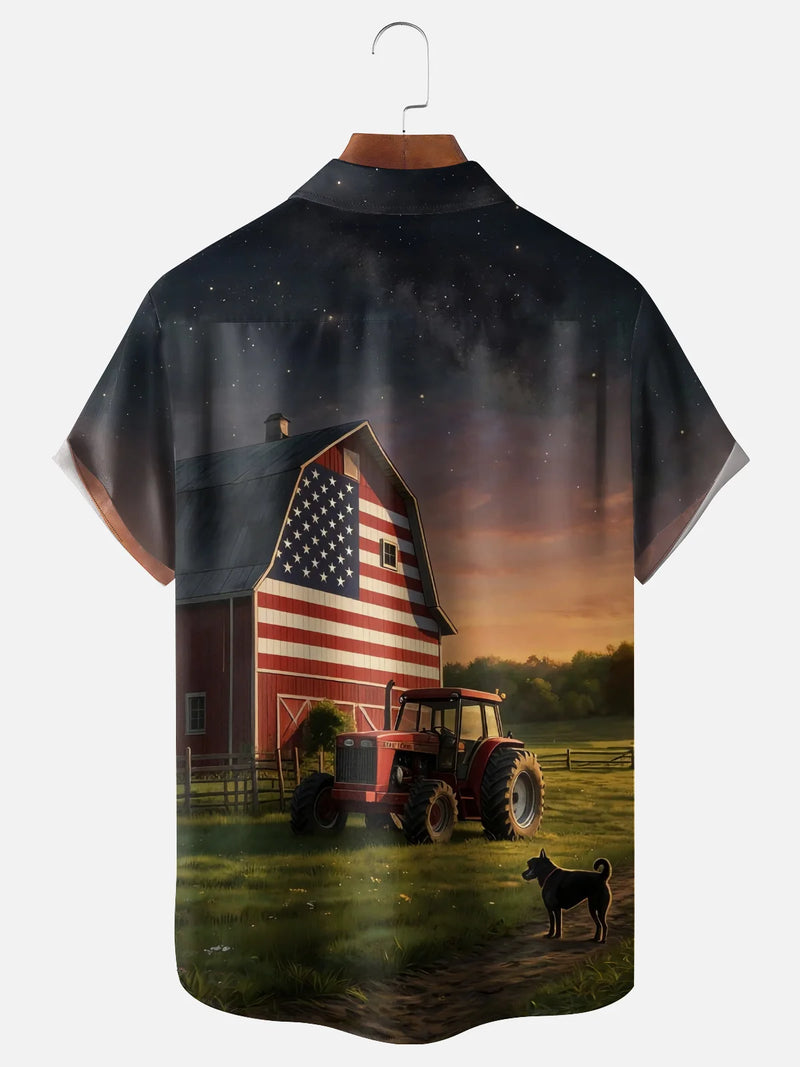 American Farm Hawaiian Shirt for Men, Red Barn Tractor Dog Print Button Down, Patriotic Gift for Farmers