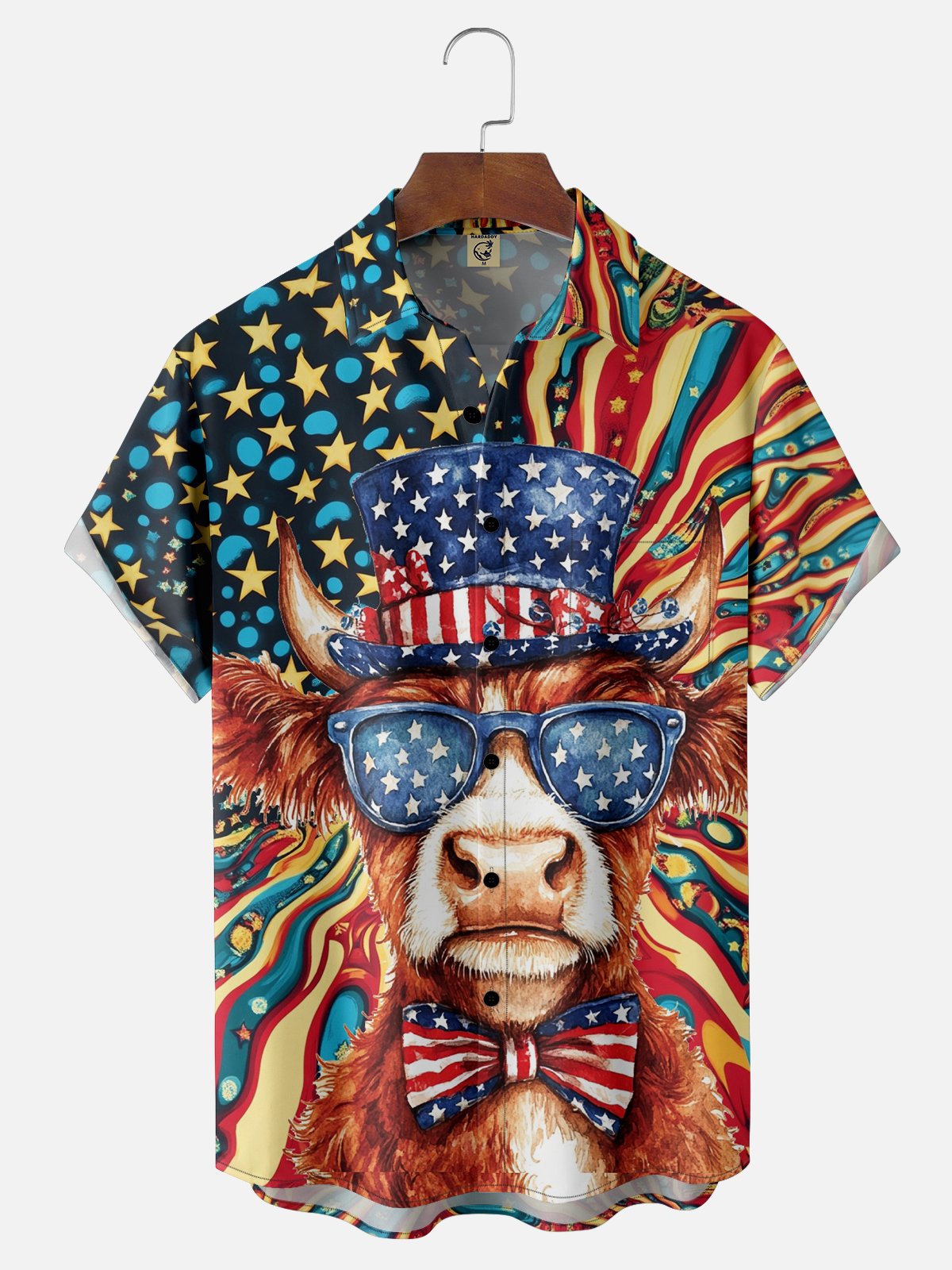 American Flag Western Cow Chest Pocket Casual Hawaiian Shirt