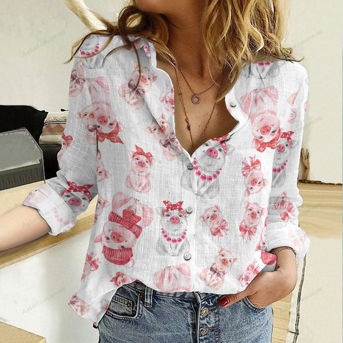 Fancy Pig Women Casual Shirt — Cute Dressed Up Pig Print Button Down  Shirt For Pig Lovers