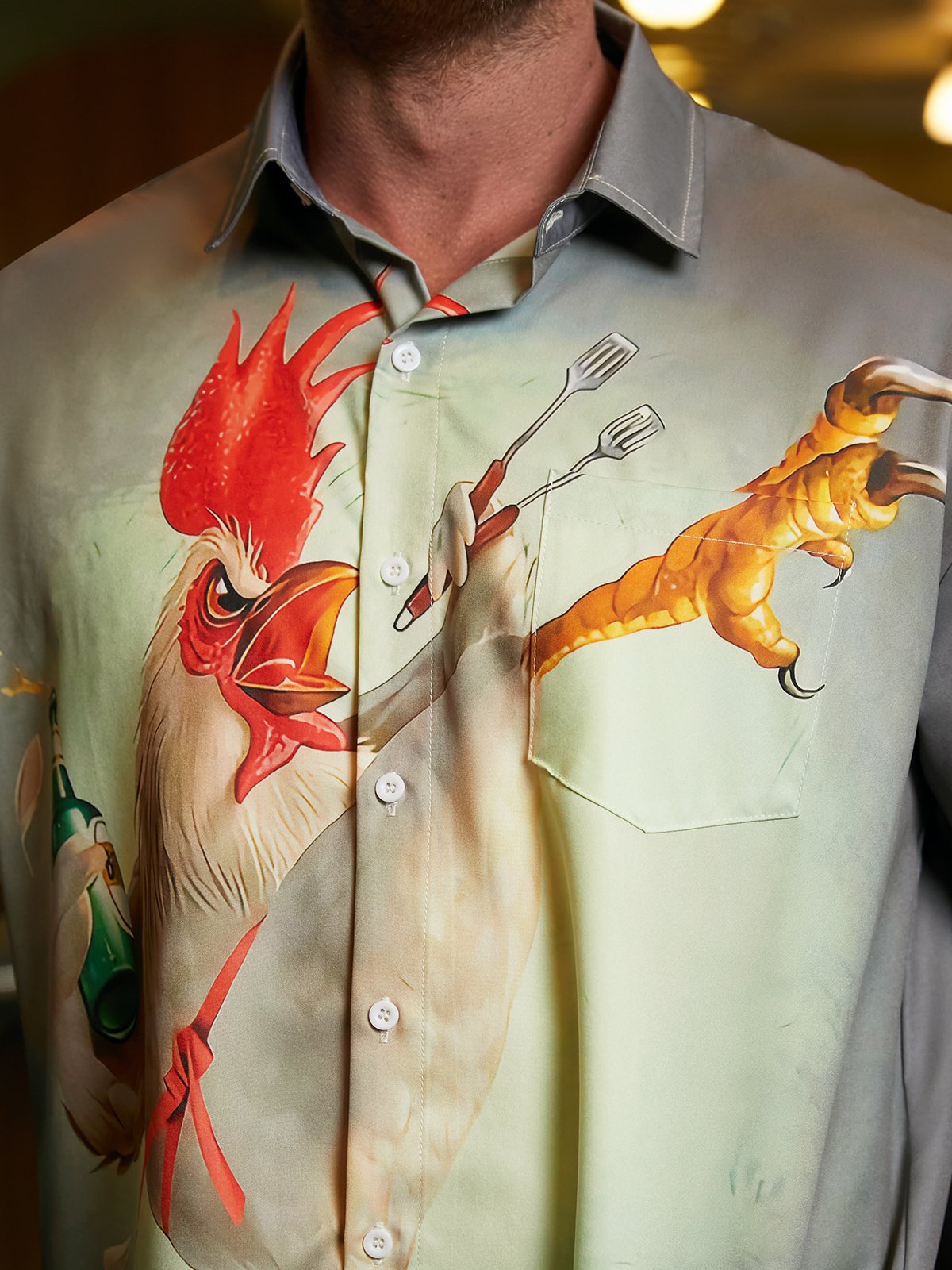 Men's Hawaiian Shirt - Funny Rooster Beer BBQ Print Short Sleeve Button Up Casual Summer Top for Dad Chicken Lover Father Day Gift