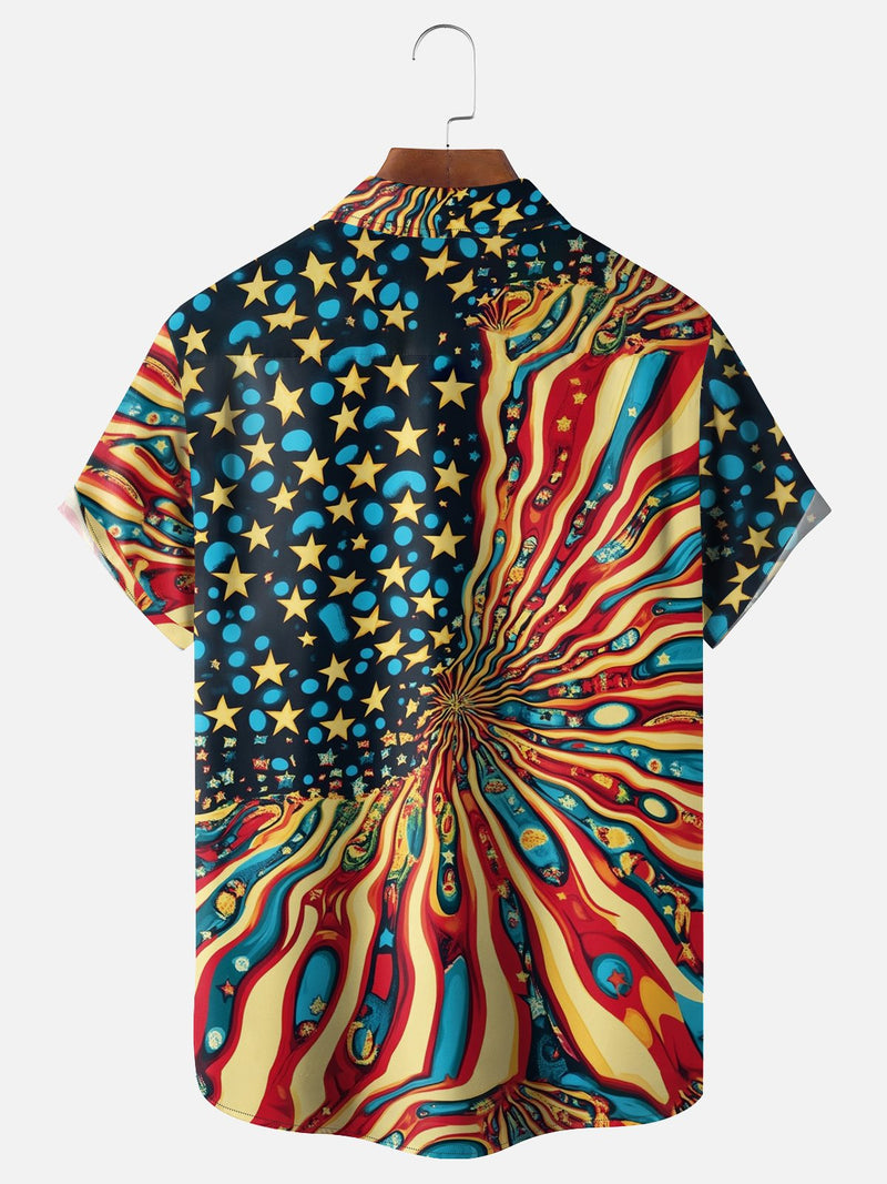 American Flag Western Cow Chest Pocket Casual Hawaiian Shirt