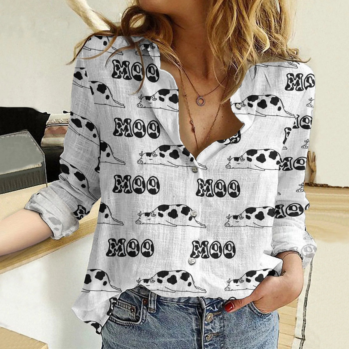 Women's Casual Shirt Funny Cow Moo Print Button Up – Long Sleeve White Blouse