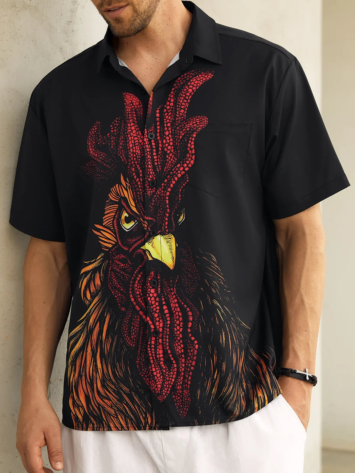 Men's Hawaiian Shirt - Rooster Art Black Print Short Sleeve Button Up Casual Summer Top for Rooster Lover Chicken Farmer Dad Gift